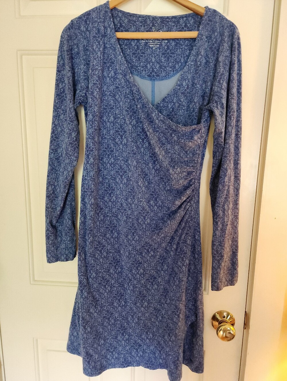Kuhl Vienna Faux Wrap Dress Size M blue Floral Long Sleeve Organic Cotton Earthy